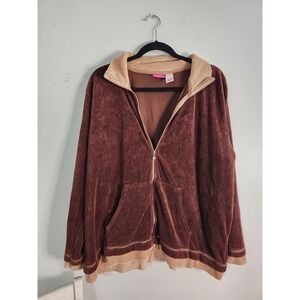 VTG PAPPAGALLO Women's Preppy Two Tone Brown Velour Track Jacket 1XL Zip Up 80's